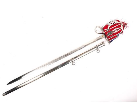 A replica of a Scottish basket hilted broadsword, red felt lined basket, etched blade, in its steel scabbard, nickel plated o