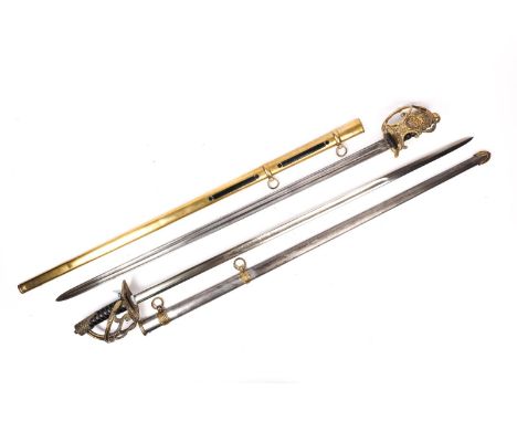 2 good replicas of early 19th century Household Cavalry officers swords, brass mounted steel scabbard and brass mounted leath
