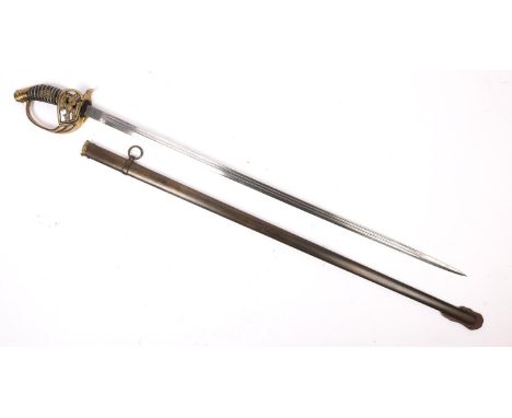 A WWI Imperial German officer's sword, 32" blade marked "Erfurt" and crown, brass hilt with folding guard; in its steel scabb
