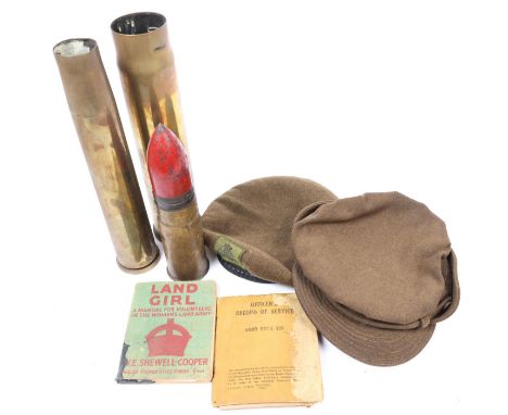 WWII other ranks ATS cap, FS cap, khaki beret with GS badge, 4 cap covers; 3 brass shell cases, 2 head sets, 5 other items. G