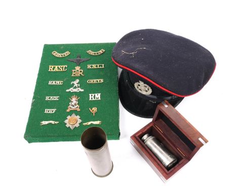 4 swagger canes: KSLI, 27th Inniskilling Fusiliers, Cranleigh OTC, Whitgift CSOTC, 16 cap badges, a pocket telescope in wood 