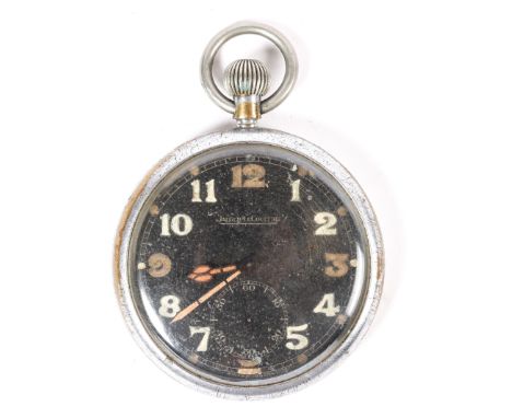 A WWII period British Military Issue Jaeger LeCoultre black faced pocket watch, the back marked with broad arrow and "F007054