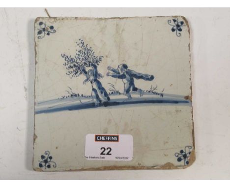 A delft tile depicting a humorous scene Provenance: The studio of Michael StennettCondition report: 18th century Delft tile. 