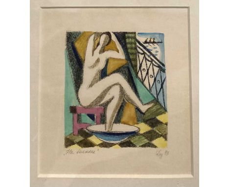 A print of a cubist bather, indistinctly signed and titled, 14 x 13cm, a mixed media abstract study, 20 x 15cm, Sally McKay, 