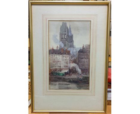 A quayside scene, possibly Newcastle, watercolour on paper, 26 x 16cm; A portrait study of an officer, signed and dated 'Fiel