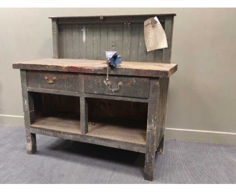 An early 20th century estate made heavy green painted pine work bench 145.5 x 152 x 62cm together with a similar lead topped 