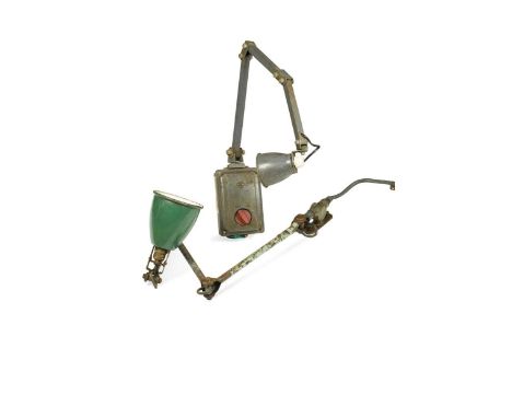 A Memlo industrial steel machinists lamp,  with transformer; together with another articulated industrial lamp with green ena