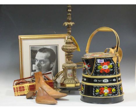 A gilt metal lamp with ceramic panels together with a painted watering can, various wooden curtain rings and shoe trees (qty)