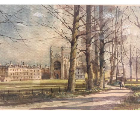 Derek Abel (British 1925 - 2008) St John's College, Cambridge, watercolour; four prints of Cambridge, The Mill Pond, Kings Pa