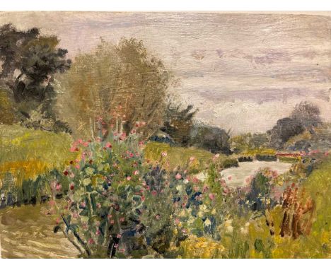 Jasper Rose UCSC (British 1930-2019)A Light Breezy Day by the Canal, oil on board, 20 x 25.5cm