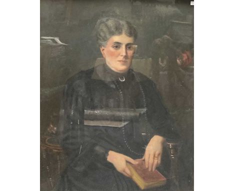 Continental school,19th century portrait of a seated lady with book, 90 x 70cmProvenance: Landwade Hall, Exning, Suffolk