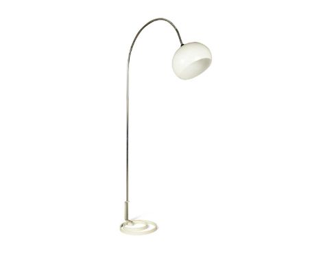 A mid-century arc floor lamp, the white acrylic shade and tubular upright to white painted concentric circular steel base, 19
