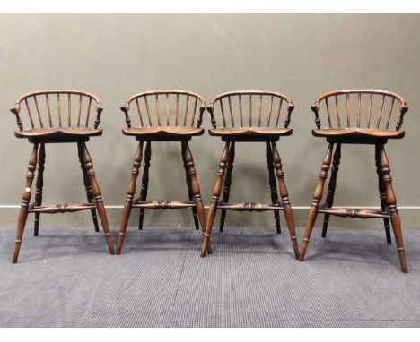 A set of 4 stick back bar stools with elm sets raised on four turned legs and stretchers 96 x 50 x 40cmCondition report: Gene