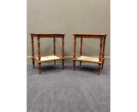 A pair of two tier lamp tables with marble inserts and turned supports 64 x 53 x 42cm