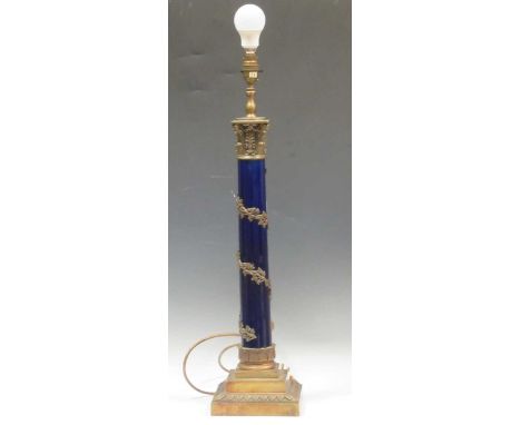 A metal mounted and blue enamel column lamp base, in Louis XVI style