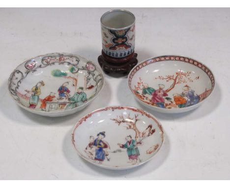 Three 18th century Chinese teabowls and a Japanese cup on a wooden standCondition report: The Japanese cup has rubbing to the