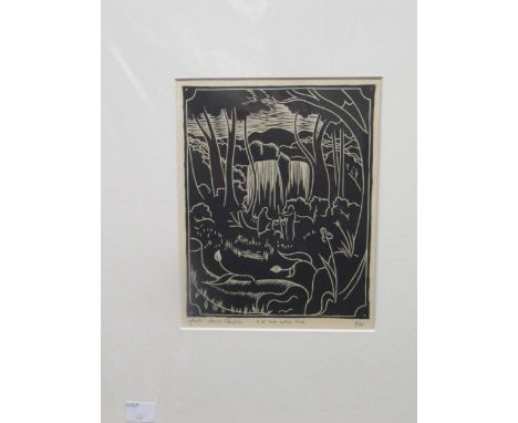 Collection of five prints; to include, Martin Amsler Rushton (1903-1970), three wood engravings; In the Woods outside Cridos,