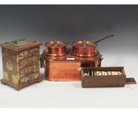 A collections of collectors items to include, a copper bain marie, a miniature chest of drawers, a plated oil lamp converted 