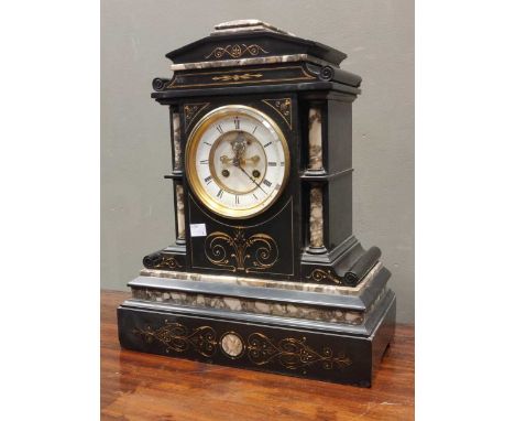 A late 19th century French slate mantel clock stamped S. Marti Medialle de Bronze. 44.5 x 36 x 18.5cm dial diameter 5 inchesC