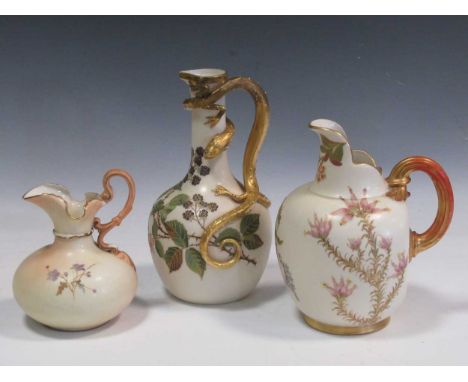 A Royal Worcester jug, with a lizard handle, 23cm high; a Royal Worcester flat sided jug, 19cm high; a Worcester Locke &amp; 