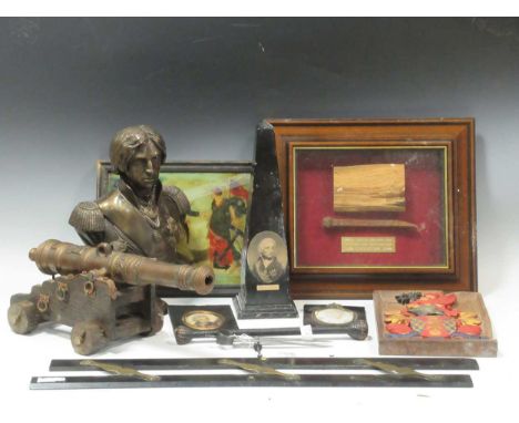Of Nelson interest, a framed deck spike and oak fragment from HMS Victory, an obelisk, portrait miniatures, bust etc., togeth