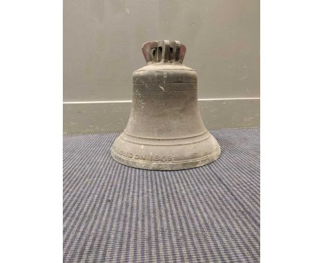 A mid 19th century large bronze bell cast G Warner &amp; Sons London 1869, 36cm high by 35cm diameter, lacking clapperProvena