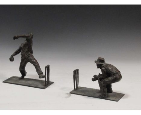 A pair of bronze cricketing bookends by Elaine JamesCondition report: Good condition, wear commensurate with age and use. Dim