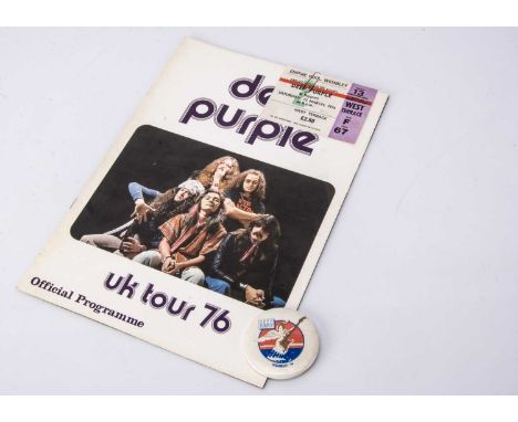 Deep Purple Concert Memorabilia, a Programme, Ticket and Badge for the 1976 UK Tour (Empire Pool Wembley 13th March 1976) - a