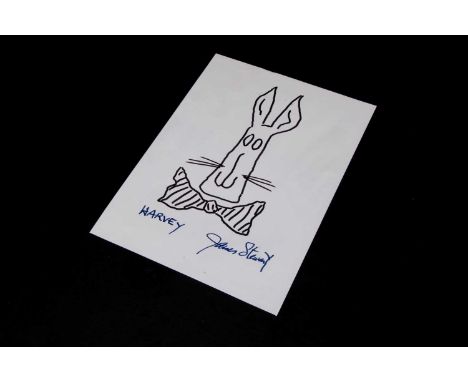 James Stewart / Harvey Sketch / Signature, a sketch of Harvey the Rabbit in black ink with title and signature underneath in 