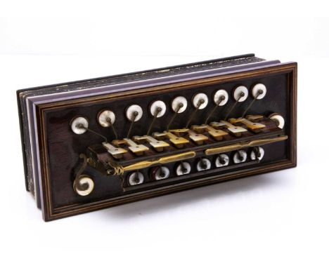 Flutina Accordion, Flutina made in France, possibly mid to late 19th century with mother of pearl keys, a little wear to bell