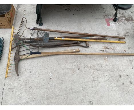 GARDEN TOOLS - RAKES, PICK AXE ETC 