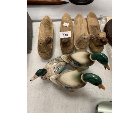 SEVEN DUCK FIGURES TO INCLUDE TWO CERAMIC AND FIVE WOODEN 
