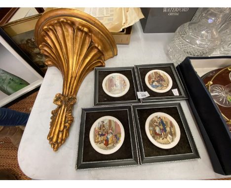 FOUR FRAMED PLAQUES AND A DECORATIVE WALL SHELF 