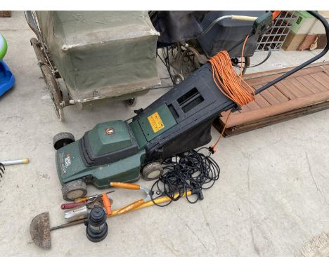 A BLACK AND DECKER ELECTRIC MOWER AND VARIOUS GARDEN TOOLS 