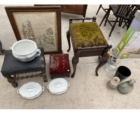VARIOUS ITEMS - THREE STOOLS, CERAMICS, TAPESTRY ETC 