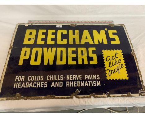 AN ENAMEL 'BEECHAMS POWDERS ACT LIKE MAGIC' ADVERTISING SIGN 