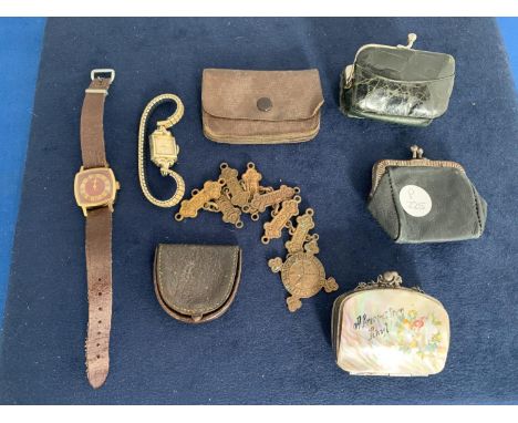 COLLECTION OF LADIES VINTAGE COIN PURSES TO INCLUDE MOTHER O'PEARL 'PRESENT FROM RHYL' TWO LADIES WATCHES ONE A MANUAL ROTARY