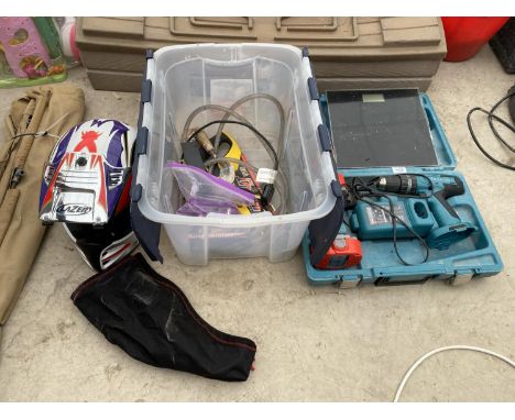 A MAKITA RECHARGEABLE DRILL AND VARIOUS TOOLS AND HARDWARE 