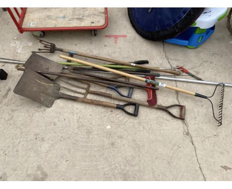 VARIOUS TOOLS TO INCLUDE VINTAGE EXAMPLES CONSISTING OF SHOVELS, FORKS, HOES, RAKES ETC 
