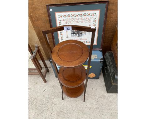 A MAHOGANY CAKE STAND, VINTAGE SUITCASE AND FRAMED TAPESTRY SAMPLER 