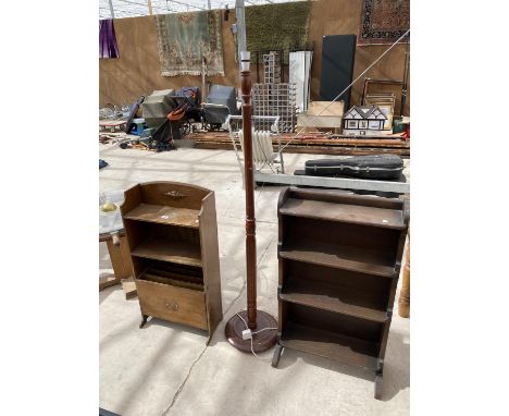 TWO OAK BOOKCASES AND A MAHOGANY STANDARD LAMP 