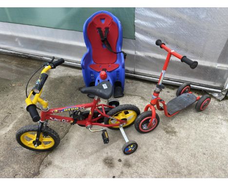 A CHILD'S HERO BICYCLE, SCOOTER AND INFANT'S BICYCLE SEAT 