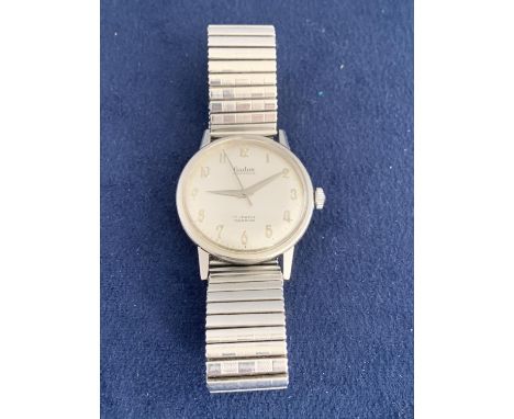VINTAGE 1960s GENTS AUDAX AQUAPRUFE MANUAL STAINLESS STEEL WATCH WITH EXPANDABLE BRACELET, 17 JEWELS, NO BOX 