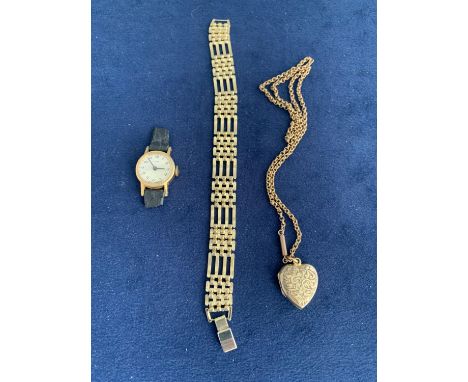 VINTAGE ROLLED GOLD HEART LOCKET AND CHAIN, LADIES TIMEX MANUAL WATCH AND A GOLD PLATED GATE BRACELET. 