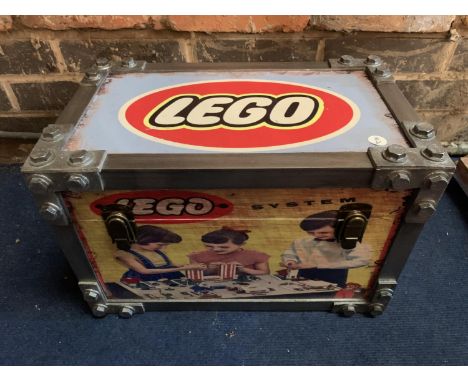 A VINTAGE INDUSTRIAL STYLE LEGO LEATHER EFFECT STORAGE TRUNK 40CM 