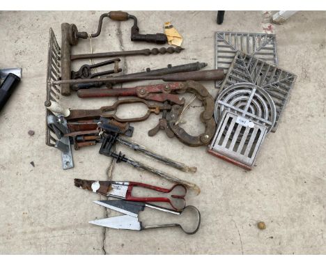 VARIOUS TOOLS AND HARDWARE - TWO SETS OF SHEEP SHEARS, PIPE WRENCH ETC 