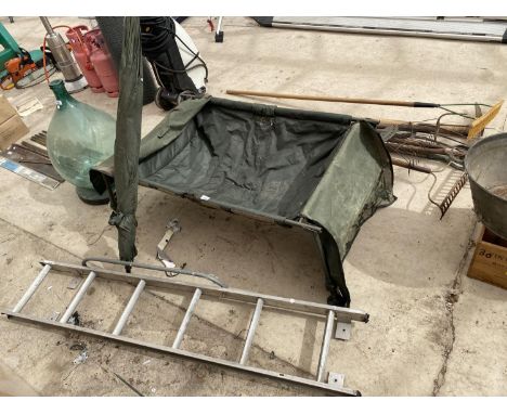A FISHING OVERNIGHT CAMP BED, A FISHING UMBRELLA AND AN ALLOY LADDER 