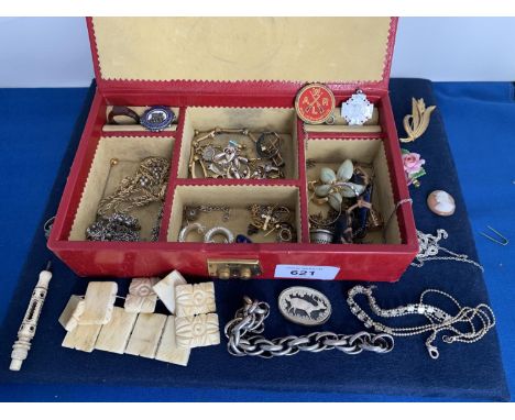 RED JEWELLERY BOX CONTAINING VINTAGE COSTUME JEWELLERY, CARVED BONE BRACELET AND STAG BROOCH, GOLD PLATED NECKLACES AND BRACE