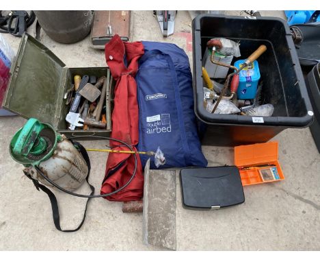 VARIOUS TOOLS AND HARDWARE - SPRAYER, HAMMERS, DRILL BRACE ETC 