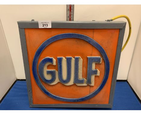 A 'GULF' ILLUMINATED LIGHT BOX SIGN 13 INCHES X 13 INCHES 